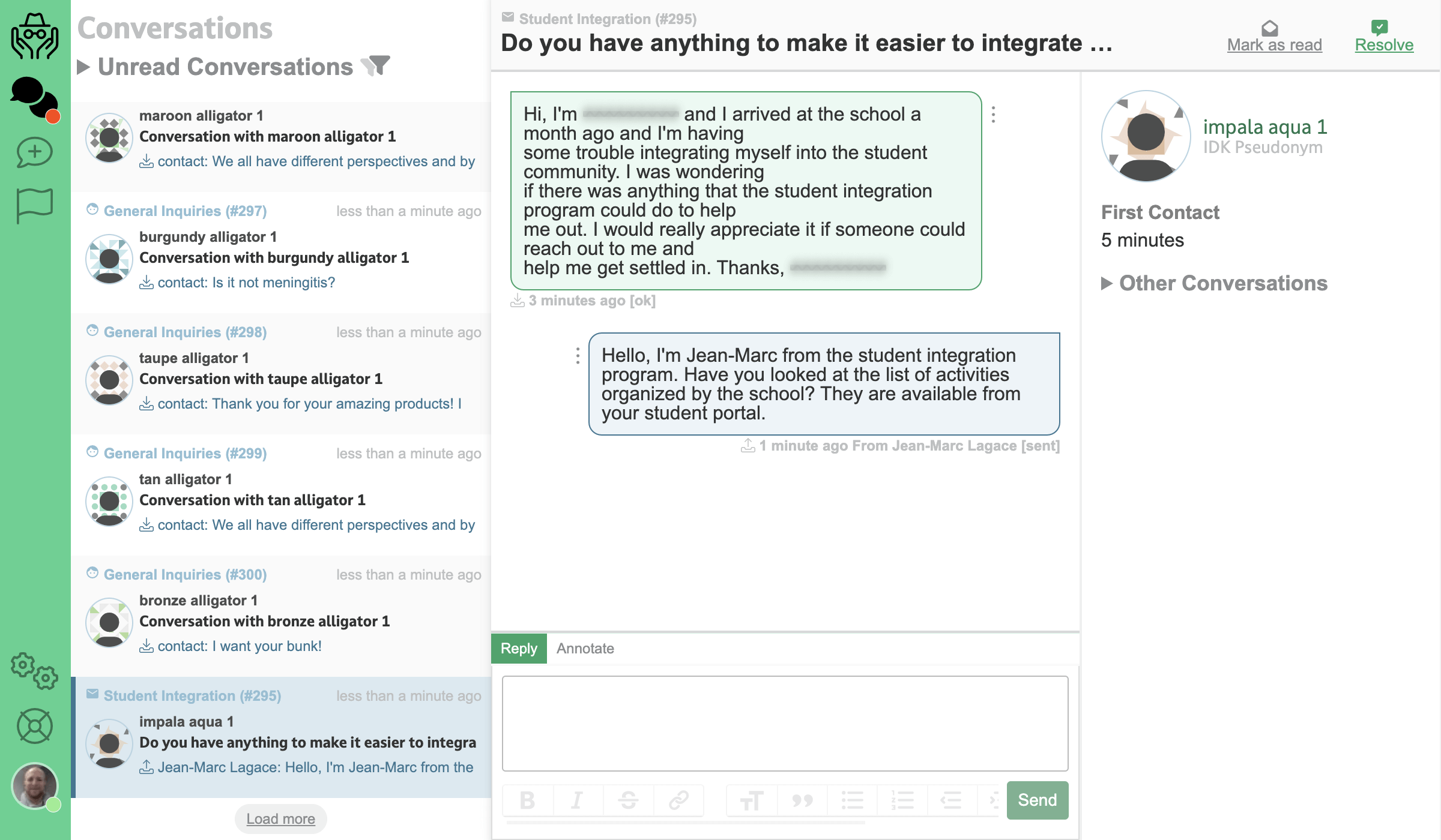 A sample conversation with a student within an IncognitoDesk portal. The information of the student is redacted (even inside the message)