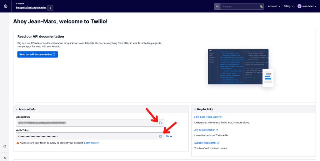 An example of a Twilio Console with the Account Info